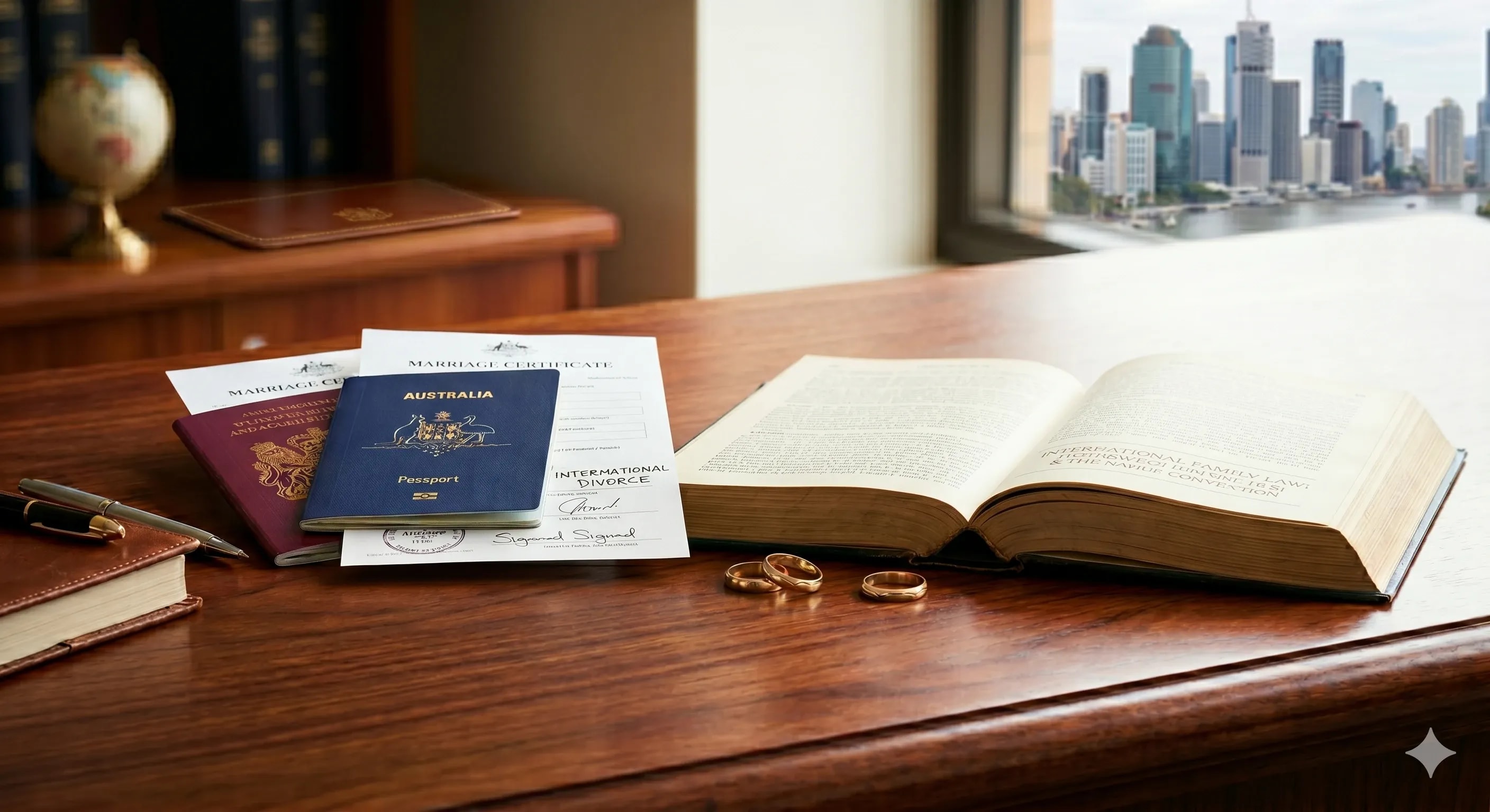 A high-quality shot in a legal office of passports and wedding rings, clearly signaling international law.