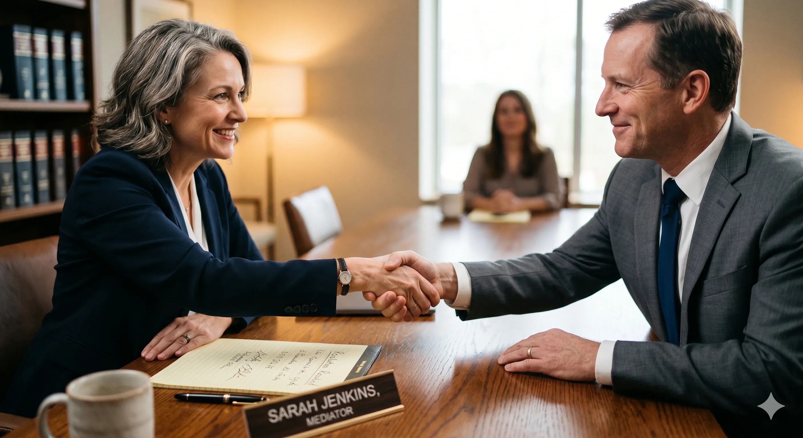 A professional close-up of a mediator shaking hands with a client at a wooden table, representing resolution. 